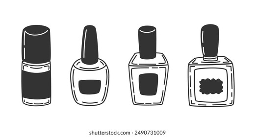 Beauty cosmetics vector set. Nail polish bottles vector illustration iblack and white in doodle style
