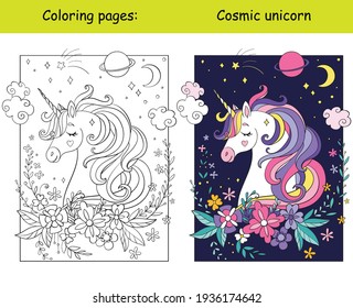 Beauty cosmic unicorn with flowers and stars. Coloring book page for children with colorful template. Vector cartoon isolated illustration. For coloring book, preschool education, print, game, decor.