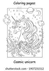 Beauty cosmic unicorn head with stars and flowers. Coloring book page for children. Vector cartoon illustration isolated on white background. For coloring book, preschool education, print, game, decor