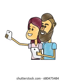 beauty couple with hairstyle and smartphone in the hand