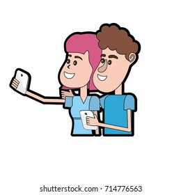 beauty couple with hairstyle and smartphone in the hand