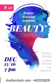 Beauty courses and training poster. Watercolor beautiful acrylic girl silhouette. Vector illustration of woman beauty salon design
