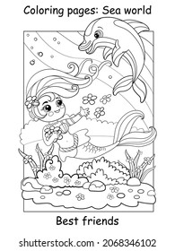 Beauty cute baby dragon swims with a fish. Coloring book page for children. Vector cartoon illustration isolated on white background. For coloring book, education, print, game, decor, puzzle, design