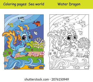Beauty cute baby dragon swims and fish  Coloring book page for children and colorful template  Vector cartoon illustration  For education  print  game  decor  puzzle design