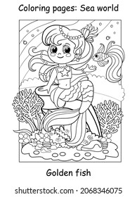 Beauty cute mermaid with golden fish. Coloring book page for children. Vector cartoon illustration isolated on white background. For coloring book, education, print, game, decor, puzzle, design