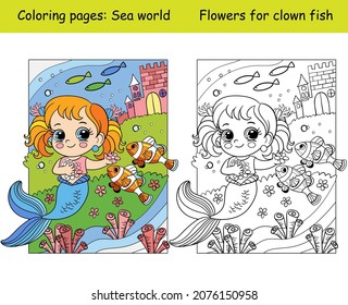 Beauty cute mermaid plays with clown fishes. Coloring book page for children with colorful template. Vector cartoon illustration. For education, print, game, decor, puzzle,design