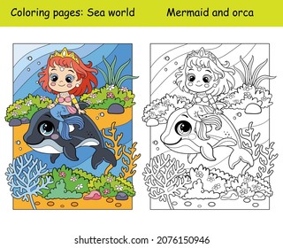 Beauty cute mermaid rides an orca. Coloring book page for children with colorful template. Vector cartoon illustration. For education, print, game, decor, puzzle,design