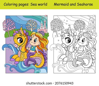 Beauty cute mermaid rides a seahorse. Coloring book page for children with colorful template. Vector cartoon illustration. For education, print, game, decor, puzzle,design