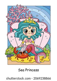 Beauty cute mermaid in a seashell and crab. Vector cartoon illustration in a cartoon children style. For education, print, game, decor, puzzle, design, sticker, cards and fabric