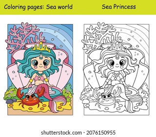 Beauty cute mermaid in a seashell and crab. Coloring book page for children with colorful template. Vector cartoon illustration. For education, print, game, decor, puzzle,design