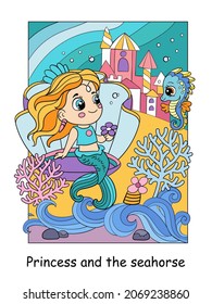Beauty cute mermaid in a seashell. Vector cartoon illustration in a cartoon children style. For education, print, game, decor, puzzle, design, sticker, cards and fabric