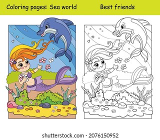 Beauty cute mermaid swims with a dolphin. Coloring book page for children with colorful template. Vector cartoon illustration. For education, print, game, decor, puzzle,design