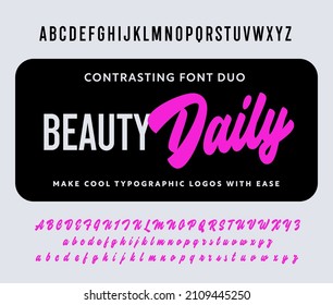 Beauty Daily Font Duo. Elegant smooth handwritten brush script alphabet Sans serif simple typeface. Contrast lettering combination combo. Typographic logo design builder kit