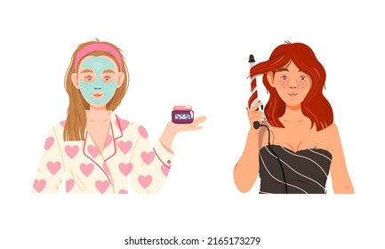 Beauty daily routine. Girls applying face mask and curling their hair cartoon vector illustration