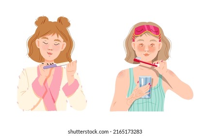 Beauty daily routine. Girls polishing nails and cleaning their teeth cartoon vector illustration