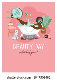 Beauty Day poster template. African woman lies in a bubble bath with a mask on her face in the bathroom interior isolated on pink. Banner concept about a home spa salon. cartoon vector illustration
