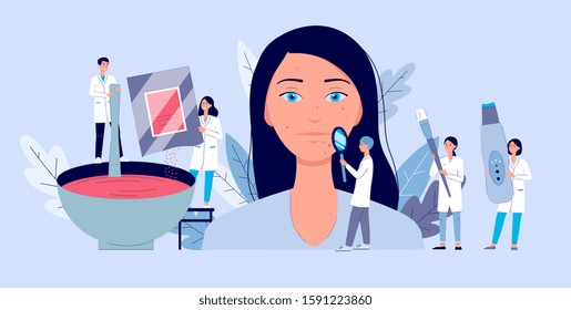 Beauty dermatology aesthetic procedure with tiny people cartoon characters, flat vector illustration. Skincare and cosmetic face treatment - background template.