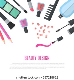 Beauty design. Cosmetic accessories for make-up. Professional products of high quality. Cosmetology and SPA. Vector illustration for promotional booklets, brochures, banner, leaflets. Flat design