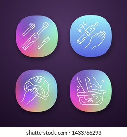 Beauty devices app icons set. Electric toothbrush and foot spa bath massager. Nail file drill. Gel polish drying. UI/UX user interface. Web or mobile applications. Vector isolated illustrations