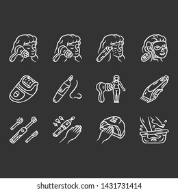 Beauty devices chalk icons set. Home, salon cosmetology procedures. Beauty gadgets, instruments. Face massager, blackhead remover, epilator, nose hair trimmer. Isolated vector chalkboard illustrations