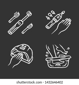 Beauty devices chalk icons set. Electric toothbrush and foot spa bath massager. Electric manicure and nail dryer. Nail file drill. Gel polish drying. Isolated vector chalkboard illustrations
