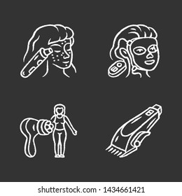 Beauty devices chalk icons set. Blackhead remover, therapy facial mask, body massager and shaving machine. Cosmetology instruments. Beauty electric tools. Isolated vector chalkboard illustrations