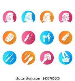 Beauty devices flat design long shadow glyph icons set. Home and salon cosmetology procedures. Face massager, blackhead remover, epilator, nose hair trimmer. Vector silhouette illustration
