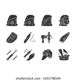 Beauty devices glyph icons set. Home and salon cosmetology procedures. Beauty gadgets, instruments. Face massager, blackhead remover, epilator. Silhouette symbols. Vector isolated illustration