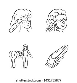 Beauty devices linear icons set. Blackhead remover, therapy facial mask, body massager and shaving machine. Thin line contour symbols. Isolated vector outline illustrations. Editable stroke