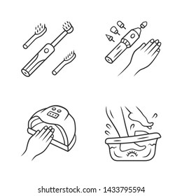 Beauty devices linear icons set. Electric toothbrush and foot spa bath massager. Electric manicure and nail dryer. Thin line contour symbols. Isolated vector outline illustrations. Editable stroke