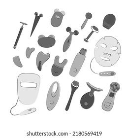 Beauty devices set. LED light therapy, vibration massage gadgets, microcurrent tool. Skin care at home. Sketch vector illustration. Techniques for health youth and beauty