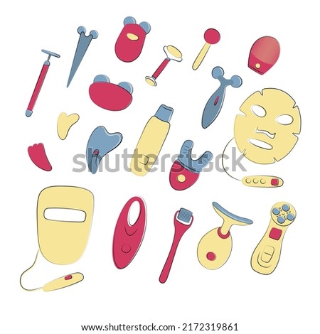 Beauty devices set. LED light therapy, vibration massage gadgets, microcurrent tool. Skin care at home. Sketch vector illustration. Techniques for health youth and beauty