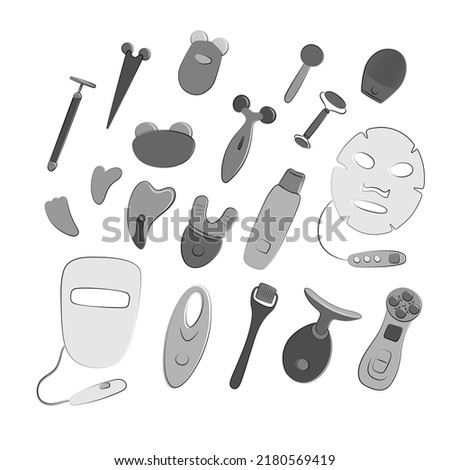Beauty devices set. LED light therapy, vibration massage gadgets, microcurrent tool. Skin care at home. Sketch vector illustration. Techniques for health youth and beauty