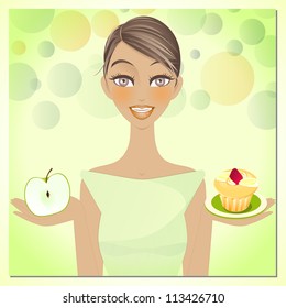Beauty and Diet : an illustration of beautiful woman choosing between an apple and a little cake, diet or not. Use only simple gradients and transparencies.