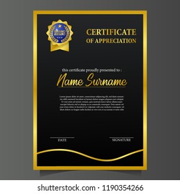 Beauty elegant certificate template with 3d gold pin emblem medal.
