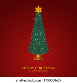 Beauty elegant fir leaves garland. Christmas tree decoration with golden star and red background. greeting card template