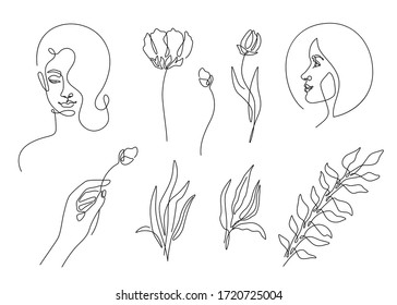 Beauty elements set in minimal line style with woman face, plant, girl hand holding flower, leaves. Modern fashion linear female portrait. Vector illustration.