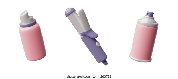 Beauty essentials set featuring pink spray bottle, purple hair straightener, and mousse can. Vector illustration of haircare styling products for salon and home use.