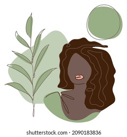 Beauty ethnic African, American  black skin woman  silhouette with simple shapes and plant vector illustration in flat design