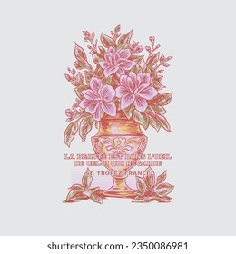 "BEAUTY IS IN THE EYE OF THE BEHOLDER" HAND DRAWN VINTAGE FRENCH LASSICAL VASE FLOWER FLORAL PAINTED DISTRESSED SOFT PASTEL BOTANICAL TYPOGRAPHY TSHIRT TEE PRINT FOR APPAREL MERCHANDISE