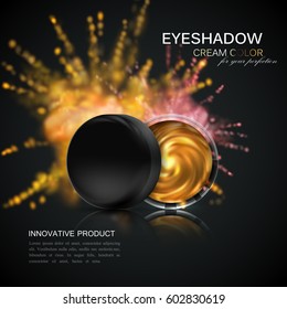 Beauty eye shadows ads. Cosmetics package design. 3d vector beauty illustration. Glamorous golden eyeshadows jar with dusty dye explosive splash. Product package mock-up for fashion magazine