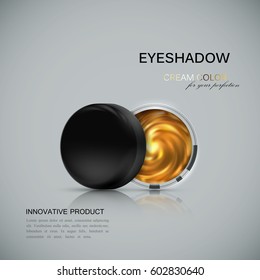 Beauty eye shadows ads. Cosmetics package design. 3d vector beauty illustration. Glamorous golden eyeshadows jar. Product package mock-up for fashion magazine