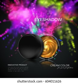 Beauty eye shadows ads. Cosmetics package design. 3d vector beauty illustration. Glamorous golden eyeshadows jar with dusty dye explosive splash. Product package mock-up for fashion magazine