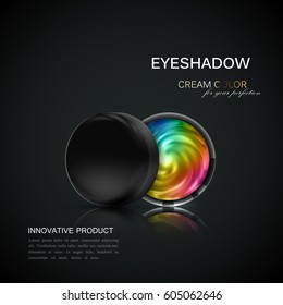 Beauty eye shadows ads. Cosmetics package design. 3d vector beauty illustration. Glamorous multicolored glowing eyeshadows. Cosmetic product package mock-up for fashion magazine.