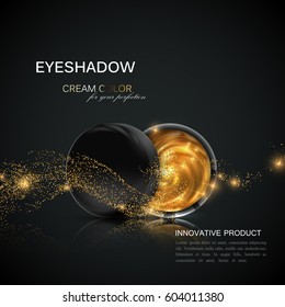 Beauty Eye Shadows Or Blusher Ad. Cosmetic Package Design. 3d Vector Illustration. Glamorous Golden Eyeshadows Or Cheek Blush Jar With Golden Glitter Wave. Product Package Mock-up For Fashion Magazine