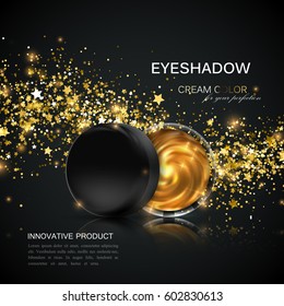 Beauty eye shadows or cheek blush ad. Cosmetics package design. Vector illustration. Glamorous golden cream eyeshadows jar with glittering wave. Product package mock-up for fashion magazine design