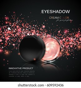 Beauty eye shadows or cheek blush ad. Cosmetics package design. 3d vector illustration. Glamorous rose gold eyeshadows jar with shiny stars and glitters wave. Product package mock-up for ad poster