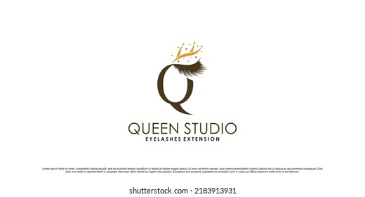 Beauty eyelashes logo design with letter q and crown icon Premium Vector