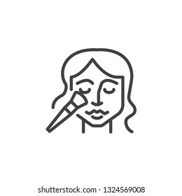 Beauty face applying brushes line icon. linear style sign for mobile concept and web design. Girl is makeup her face with brush outline vector icon. Skin care symbol, logo illustration. Pixel perfect