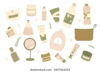 Beauty face and body products set. Cleansing and moisturizing skincare. Serum and hand cream for spa. Skin, eyes, body cosmetics bottles, containers and tubes. Flat vector illustration.